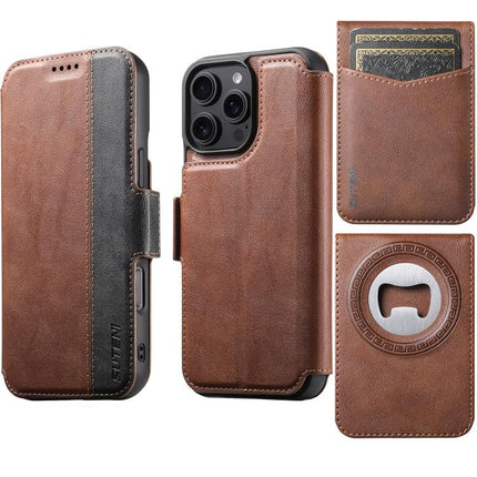 Suteni Q07S5 3-in-1 Detachable Bottle Opener Card Bag Magnetic Left-Right Spliced Vegan Leather Phone Case, For iPhone 17 Pro Max, For iPhone 17 Pro, For iPhone 17, For iPhone Air, For iPhone 16 Pro Max, For iPhone 16 Pro, For iPhone 16 Plus           ...