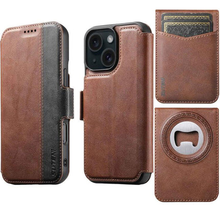 Suteni Q07S5 3-in-1 Detachable Bottle Opener Card Bag Magnetic Left-Right Spliced Vegan Leather Phone Case, For iPhone 15 Pro Max, For iPhone 15 Pro, For iPhone 15 Plus, For iPhone 15, For iPhone 14 Plus, For iPhone 14, For iPhone 14 Pro               ...