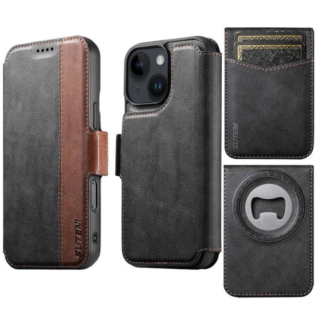 Suteni Q07S5 3-in-1 Detachable Bottle Opener Card Bag Magnetic Left-Right Spliced Vegan Leather Phone Case, For iPhone 13 Pro Max, For iPhone 13 Pro, For iPhone 13, For iPhone 12, For iPhone 12 Pro Max, For iPhone 12 Pro