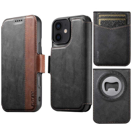 Suteni Q07S5 3-in-1 Detachable Bottle Opener Card Bag Magnetic Left-Right Spliced Vegan Leather Phone Case, For iPhone 13 Pro Max, For iPhone 13 Pro, For iPhone 13, For iPhone 12, For iPhone 12 Pro Max, For iPhone 12 Pro