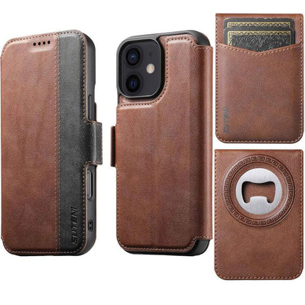 Suteni Q07S5 3-in-1 Detachable Bottle Opener Card Bag Magnetic Left-Right Spliced Vegan Leather Phone Case, For iPhone 13 Pro Max, For iPhone 13 Pro, For iPhone 13, For iPhone 12, For iPhone 12 Pro Max, For iPhone 12 Pro