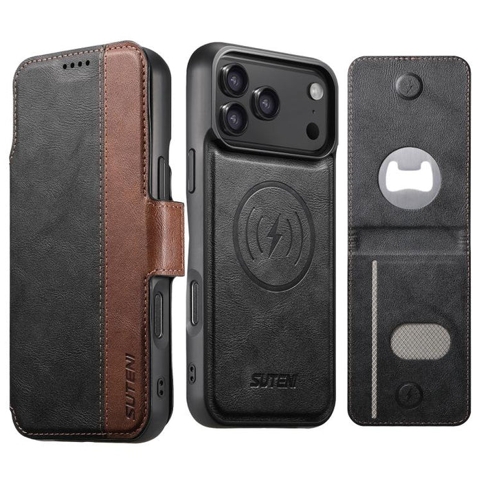Suteni Q07S5 3-in-1 Detachable Bottle Opener Card Bag Magnetic Left-Right Spliced Vegan Leather Phone Case, For iPhone 17 Pro Max, For iPhone 17 Pro, For iPhone 17, For iPhone Air, For iPhone 16 Pro Max, For iPhone 16 Pro, For iPhone 16 Plus           ...