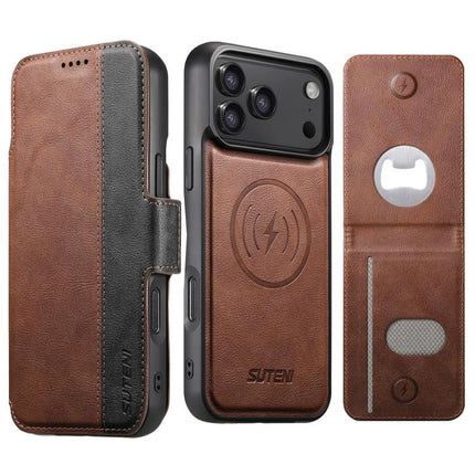 Suteni Q07S5 3-in-1 Detachable Bottle Opener Card Bag Magnetic Left-Right Spliced Vegan Leather Phone Case, For iPhone 17 Pro Max, For iPhone 17 Pro, For iPhone 17, For iPhone Air, For iPhone 16 Pro Max, For iPhone 16 Pro, For iPhone 16 Plus           ...