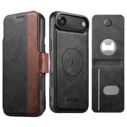 Suteni Q07S5 3-in-1 Detachable Bottle Opener Card Bag Magnetic Left-Right Spliced Vegan Leather Phone Case, For iPhone 17 Pro Max, For iPhone 17 Pro, For iPhone 17, For iPhone Air, For iPhone 16 Pro Max, For iPhone 16 Pro, For iPhone 16 Plus           ...