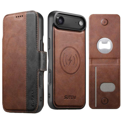Suteni Q07S5 3-in-1 Detachable Bottle Opener Card Bag Magnetic Left-Right Spliced Vegan Leather Phone Case, For iPhone 17 Pro Max, For iPhone 17 Pro, For iPhone 17, For iPhone Air, For iPhone 16 Pro Max, For iPhone 16 Pro, For iPhone 16 Plus           ...