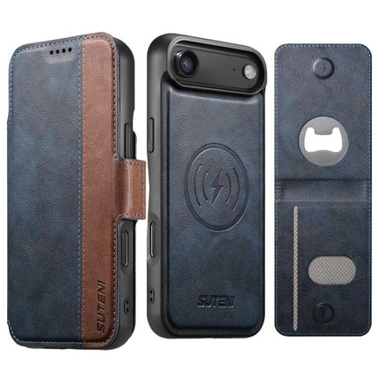 Suteni Q07S5 3-in-1 Detachable Bottle Opener Card Bag Magnetic Left-Right Spliced Vegan Leather Phone Case, For iPhone 17 Pro Max, For iPhone 17 Pro, For iPhone 17, For iPhone Air, For iPhone 16 Pro Max, For iPhone 16 Pro, For iPhone 16 Plus           ...