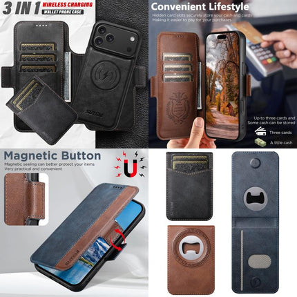 Suteni Q07S5 3-in-1 Detachable Bottle Opener Card Bag Magnetic Left-Right Spliced Vegan Leather Phone Case, For iPhone 15 Pro Max, For iPhone 15 Pro, For iPhone 15 Plus, For iPhone 15, For iPhone 14 Plus, For iPhone 14, For iPhone 14 Pro               ...