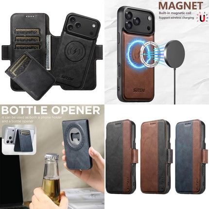 Suteni Q07S5 3-in-1 Detachable Bottle Opener Card Bag Magnetic Left-Right Spliced Vegan Leather Phone Case, For iPhone 17 Pro Max, For iPhone 17 Pro, For iPhone 17, For iPhone Air, For iPhone 16 Pro Max, For iPhone 16 Pro, For iPhone 16 Plus           ...