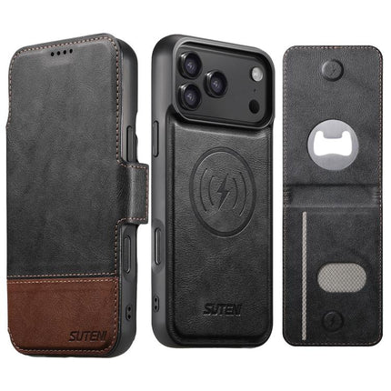 Suteni Q06S5 3-in-1 Detachable Bottle Opener Card Bag Magnetic Top-Bottom Spliced Vegan Leather Phone Case, For iPhone 17 Pro Max, For iPhone 17 Pro, For iPhone 17, For iPhone Air, For iPhone 16 Pro Max, For iPhone 16 Pro, For iPhone 16 Plus           ...