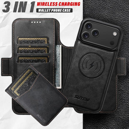 Suteni Q06S5 3-in-1 Detachable Bottle Opener Card Bag Magnetic Top-Bottom Spliced Vegan Leather Phone Case, For iPhone 17 Pro Max, For iPhone 17 Pro, For iPhone 17, For iPhone Air, For iPhone 16 Pro Max, For iPhone 16 Pro, For iPhone 16 Plus           ...