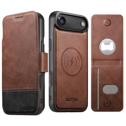Suteni Q06S5 3-in-1 Detachable Bottle Opener Card Bag Magnetic Top-Bottom Spliced Vegan Leather Phone Case, For iPhone 17 Pro Max, For iPhone 17 Pro, For iPhone 17, For iPhone Air, For iPhone 16 Pro Max, For iPhone 16 Pro, For iPhone 16 Plus           ...