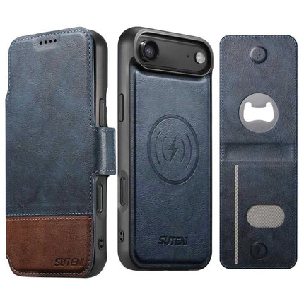 Suteni Q06S5 3-in-1 Detachable Bottle Opener Card Bag Magnetic Top-Bottom Spliced Vegan Leather Phone Case, For iPhone 17 Pro Max, For iPhone 17 Pro, For iPhone 17, For iPhone Air, For iPhone 16 Pro Max, For iPhone 16 Pro, For iPhone 16 Plus           ...