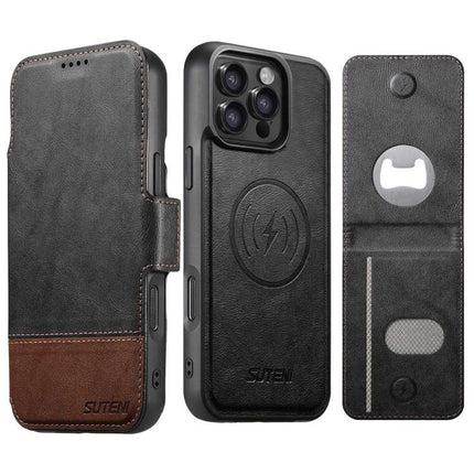 Suteni Q06S5 3-in-1 Detachable Bottle Opener Card Bag Magnetic Top-Bottom Spliced Vegan Leather Phone Case, For iPhone 17 Pro Max, For iPhone 17 Pro, For iPhone 17, For iPhone Air, For iPhone 16 Pro Max, For iPhone 16 Pro, For iPhone 16 Plus           ...