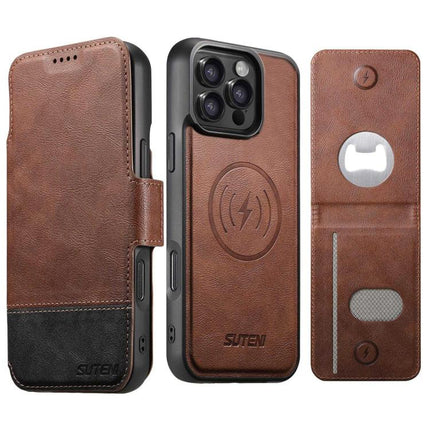 Suteni Q06S5 3-in-1 Detachable Bottle Opener Card Bag Magnetic Top-Bottom Spliced Vegan Leather Phone Case, For iPhone 17 Pro Max, For iPhone 17 Pro, For iPhone 17, For iPhone Air, For iPhone 16 Pro Max, For iPhone 16 Pro, For iPhone 16 Plus           ...