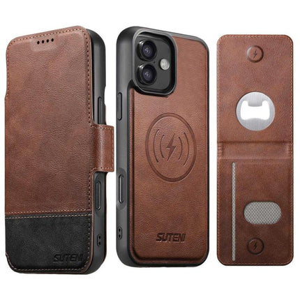 Suteni Q06S5 3-in-1 Detachable Bottle Opener Card Bag Magnetic Top-Bottom Spliced Vegan Leather Phone Case, For iPhone 17 Pro Max, For iPhone 17 Pro, For iPhone 17, For iPhone Air, For iPhone 16 Pro Max, For iPhone 16 Pro, For iPhone 16 Plus           ...