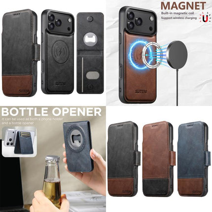 Suteni Q06S5 3-in-1 Detachable Bottle Opener Card Bag Magnetic Top-Bottom Spliced Vegan Leather Phone Case, For iPhone 13 Pro Max, For iPhone 13 Pro, For iPhone 13, For iPhone 12, For iPhone 12 Pro Max, For iPhone 12 Pro
