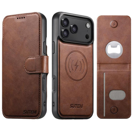 Suteni Q05S5 3-in-1 Detachable Bottle Opener Card Bag Magnetic Cowhide Vegan Leather Phone Case, For iPhone 17 Pro Max, For iPhone 17 Pro, For iPhone 17, For iPhone Air, For iPhone 16 Pro Max, For iPhone 16 Pro, For iPhone 16 Plus, For iPhone 16