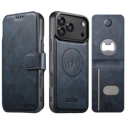 Suteni Q05S5 3-in-1 Detachable Bottle Opener Card Bag Magnetic Cowhide Vegan Leather Phone Case, For iPhone 17 Pro Max, For iPhone 17 Pro, For iPhone 17, For iPhone Air, For iPhone 16 Pro Max, For iPhone 16 Pro, For iPhone 16 Plus, For iPhone 16
