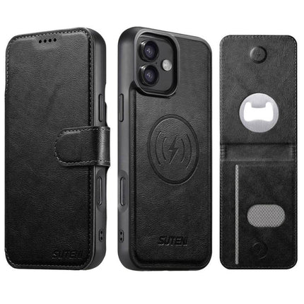 Suteni Q05S5 3-in-1 Detachable Bottle Opener Card Bag Magnetic Cowhide Vegan Leather Phone Case, For iPhone 17 Pro Max, For iPhone 17 Pro, For iPhone 17, For iPhone Air, For iPhone 16 Pro Max, For iPhone 16 Pro, For iPhone 16 Plus, For iPhone 16