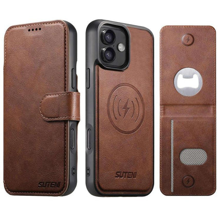 Suteni Q05S5 3-in-1 Detachable Bottle Opener Card Bag Magnetic Cowhide Vegan Leather Phone Case, For iPhone 17 Pro Max, For iPhone 17 Pro, For iPhone 17, For iPhone Air, For iPhone 16 Pro Max, For iPhone 16 Pro, For iPhone 16 Plus, For iPhone 16