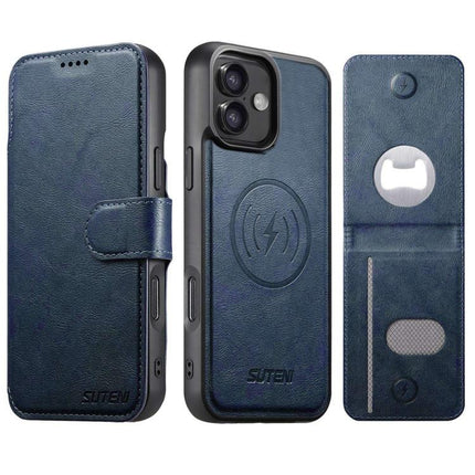 Suteni Q05S5 3-in-1 Detachable Bottle Opener Card Bag Magnetic Cowhide Vegan Leather Phone Case, For iPhone 17 Pro Max, For iPhone 17 Pro, For iPhone 17, For iPhone Air, For iPhone 16 Pro Max, For iPhone 16 Pro, For iPhone 16 Plus, For iPhone 16