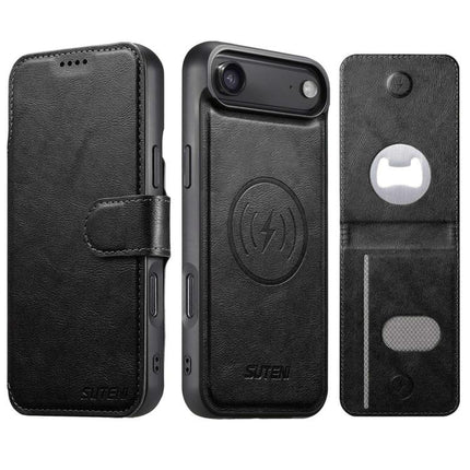 Suteni Q05S5 3-in-1 Detachable Bottle Opener Card Bag Magnetic Cowhide Vegan Leather Phone Case, For iPhone 17 Pro Max, For iPhone 17 Pro, For iPhone 17, For iPhone Air, For iPhone 16 Pro Max, For iPhone 16 Pro, For iPhone 16 Plus, For iPhone 16