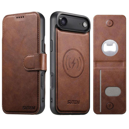 Suteni Q05S5 3-in-1 Detachable Bottle Opener Card Bag Magnetic Cowhide Vegan Leather Phone Case, For iPhone 17 Pro Max, For iPhone 17 Pro, For iPhone 17, For iPhone Air, For iPhone 16 Pro Max, For iPhone 16 Pro, For iPhone 16 Plus, For iPhone 16