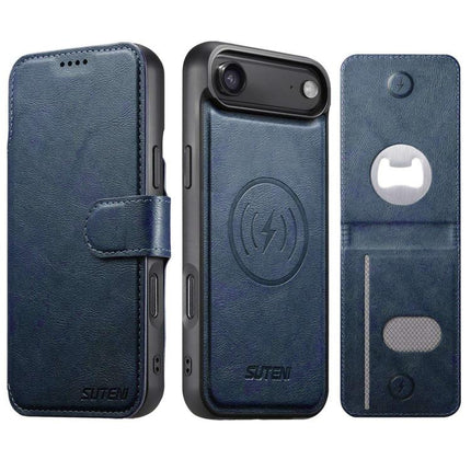 Suteni Q05S5 3-in-1 Detachable Bottle Opener Card Bag Magnetic Cowhide Vegan Leather Phone Case, For iPhone 17 Pro Max, For iPhone 17 Pro, For iPhone 17, For iPhone Air, For iPhone 16 Pro Max, For iPhone 16 Pro, For iPhone 16 Plus, For iPhone 16