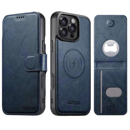 Suteni Q05S5 3-in-1 Detachable Bottle Opener Card Bag Magnetic Cowhide Vegan Leather Phone Case, For iPhone 17 Pro Max, For iPhone 17 Pro, For iPhone 17, For iPhone Air, For iPhone 16 Pro Max, For iPhone 16 Pro, For iPhone 16 Plus, For iPhone 16