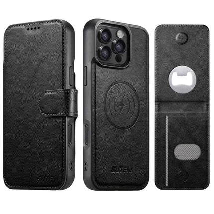 Suteni Q05S5 3-in-1 Detachable Bottle Opener Card Bag Magnetic Cowhide Vegan Leather Phone Case, For iPhone 17 Pro Max, For iPhone 17 Pro, For iPhone 17, For iPhone Air, For iPhone 16 Pro Max, For iPhone 16 Pro, For iPhone 16 Plus, For iPhone 16
