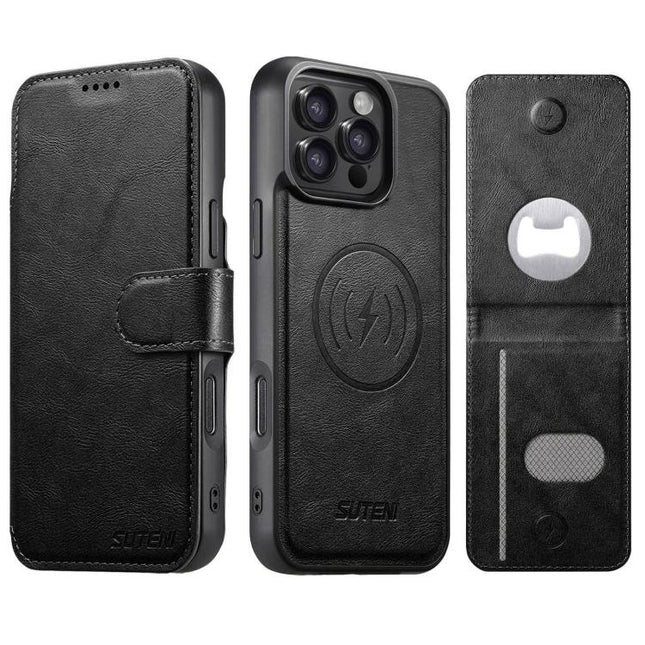 Suteni Q05S5 3-in-1 Detachable Bottle Opener Card Bag Magnetic Cowhide Vegan Leather Phone Case, For iPhone 15 Pro Max, For iPhone 15 Pro, For iPhone 15 Plus, For iPhone 15, For iPhone 14 Plus, For iPhone 14, For iPhone 14 Pro, For iPhone 14 Pro Max