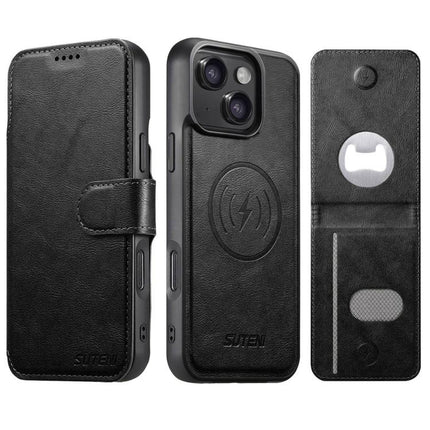 Suteni Q05S5 3-in-1 Detachable Bottle Opener Card Bag Magnetic Cowhide Vegan Leather Phone Case, For iPhone 15 Pro Max, For iPhone 15 Pro, For iPhone 15 Plus, For iPhone 15, For iPhone 14 Plus, For iPhone 14, For iPhone 14 Pro, For iPhone 14 Pro Max