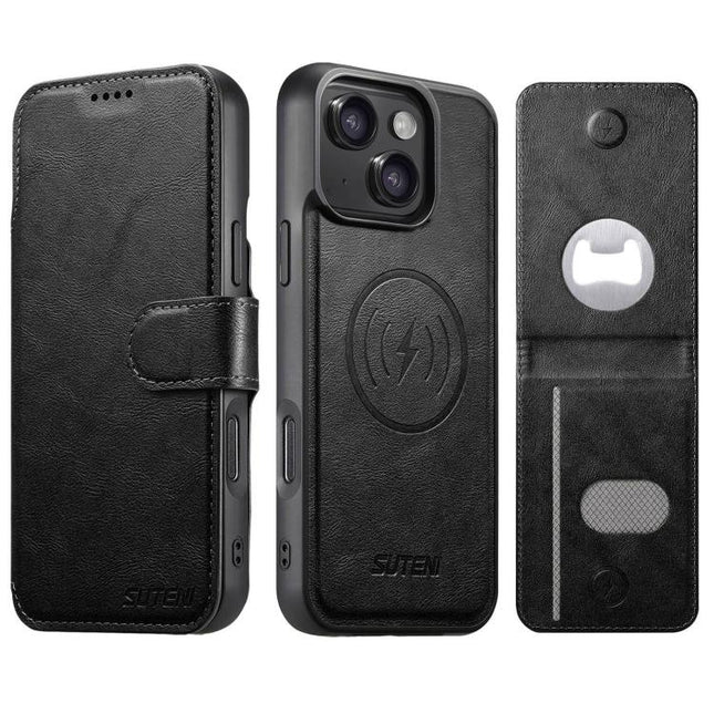 Suteni Q05S5 3-in-1 Detachable Bottle Opener Card Bag Magnetic Cowhide Vegan Leather Phone Case, For iPhone 15 Pro Max, For iPhone 15 Pro, For iPhone 15 Plus, For iPhone 15, For iPhone 14 Plus, For iPhone 14, For iPhone 14 Pro, For iPhone 14 Pro Max