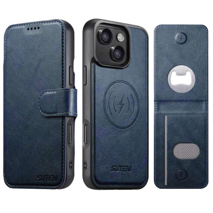 Suteni Q05S5 3-in-1 Detachable Bottle Opener Card Bag Magnetic Cowhide Vegan Leather Phone Case, For iPhone 15 Pro Max, For iPhone 15 Pro, For iPhone 15 Plus, For iPhone 15, For iPhone 14 Plus, For iPhone 14, For iPhone 14 Pro, For iPhone 14 Pro Max