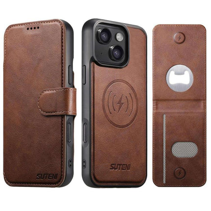 Suteni Q05S5 3-in-1 Detachable Bottle Opener Card Bag Magnetic Cowhide Vegan Leather Phone Case, For iPhone 15 Pro Max, For iPhone 15 Pro, For iPhone 15 Plus, For iPhone 15, For iPhone 14 Plus, For iPhone 14, For iPhone 14 Pro, For iPhone 14 Pro Max