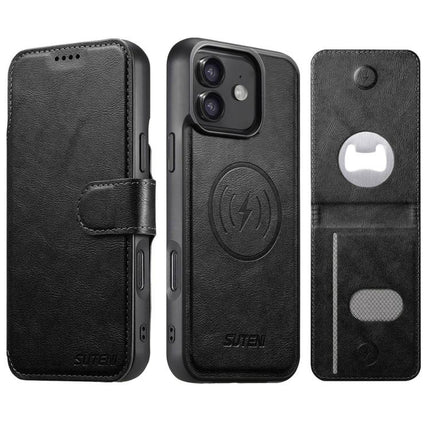 Suteni Q05S5 3-in-1 Detachable Bottle Opener Card Bag Magnetic Cowhide Vegan Leather Phone Case, For iPhone 13 Pro Max, For iPhone 13 Pro, For iPhone 13, For iPhone 12, For iPhone 12 Pro Max, For iPhone 12 Pro