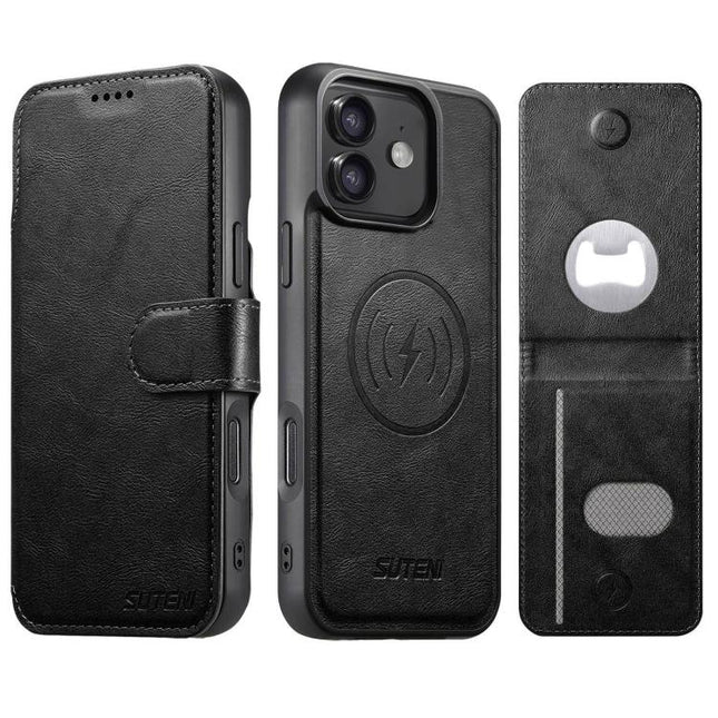 Suteni Q05S5 3-in-1 Detachable Bottle Opener Card Bag Magnetic Cowhide Vegan Leather Phone Case, For iPhone 13 Pro Max, For iPhone 13 Pro, For iPhone 13, For iPhone 12, For iPhone 12 Pro Max, For iPhone 12 Pro