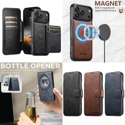 Suteni Q05S5 3-in-1 Detachable Bottle Opener Card Bag Magnetic Cowhide Vegan Leather Phone Case, For iPhone 17 Pro Max, For iPhone 17 Pro, For iPhone 17, For iPhone Air, For iPhone 16 Pro Max, For iPhone 16 Pro, For iPhone 16 Plus, For iPhone 16