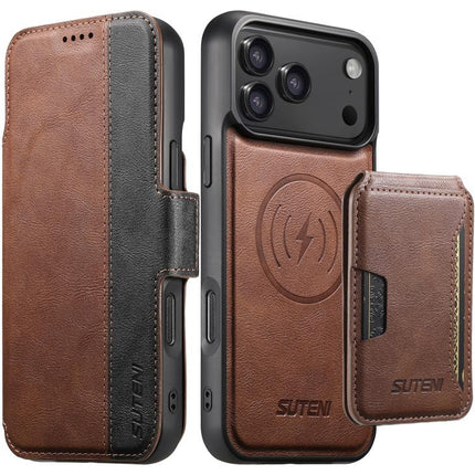 Suteni Q07S3 Left-Right Splicing Cowhide Pattern Flip Side Card Wallet Removable Magnetic Phone Case, For iPhone 18, For iPhone 18 Pro, For iPhone 18 Pro Max, For iPhone 17 Pro Max, For iPhone 17 Pro, For iPhone 17, For iPhone Air, For iPhone 16 Pro Max