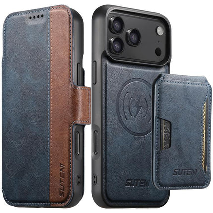Suteni Q07S3 Left-Right Splicing Cowhide Pattern Flip Side Card Wallet Removable Magnetic Phone Case, For iPhone 18, For iPhone 18 Pro, For iPhone 18 Pro Max, For iPhone 17 Pro Max, For iPhone 17 Pro, For iPhone 17, For iPhone Air, For iPhone 16 Pro Max