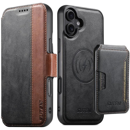 Suteni Q07S3 Left-Right Splicing Cowhide Pattern Flip Side Card Wallet Removable Magnetic Phone Case, For iPhone 18, For iPhone 18 Pro, For iPhone 18 Pro Max, For iPhone 17 Pro Max, For iPhone 17 Pro, For iPhone 17, For iPhone Air, For iPhone 16 Pro Max