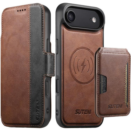 Suteni Q07S3 Left-Right Splicing Cowhide Pattern Flip Side Card Wallet Removable Magnetic Phone Case, For iPhone 18, For iPhone 18 Pro, For iPhone 18 Pro Max, For iPhone 17 Pro Max, For iPhone 17 Pro, For iPhone 17, For iPhone Air, For iPhone 16 Pro Max