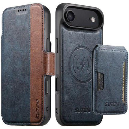 Suteni Q07S3 Left-Right Splicing Cowhide Pattern Flip Side Card Wallet Removable Magnetic Phone Case, For iPhone 18, For iPhone 18 Pro, For iPhone 18 Pro Max, For iPhone 17 Pro Max, For iPhone 17 Pro, For iPhone 17, For iPhone Air, For iPhone 16 Pro Max