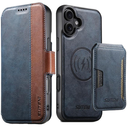 Suteni Q07S3 Left-Right Splicing Cowhide Pattern Flip Side Card Wallet Removable Magnetic Phone Case, For iPhone 16 Pro, For iPhone 16 Plus, For iPhone 16, For iPhone 15 Pro Max, For iPhone 15 Pro, For iPhone 15 Plus, For iPhone 15, For iPhone 14 Plus