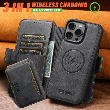 Suteni Q07S3 Left-Right Splicing Cowhide Pattern Flip Side Card Wallet Removable Magnetic Phone Case, For iPhone 14, For iPhone 14 Pro, For iPhone 14 Pro Max, For iPhone 13 Pro Max, For iPhone 13 Pro, For iPhone 13, For iPhone 12, For iPhone 12 Pro Max