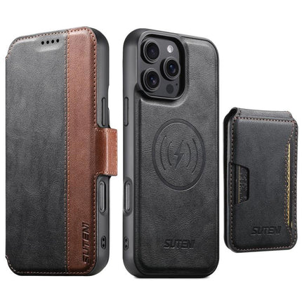 Suteni Q07S3 Left-Right Splicing Cowhide Pattern Flip Side Card Wallet Removable Magnetic Phone Case, For iPhone 14, For iPhone 14 Pro, For iPhone 14 Pro Max, For iPhone 13 Pro Max, For iPhone 13 Pro, For iPhone 13, For iPhone 12, For iPhone 12 Pro Max