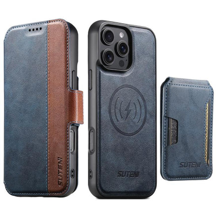 Suteni Q07S3 Left-Right Splicing Cowhide Pattern Flip Side Card Wallet Removable Magnetic Phone Case, For iPhone 14, For iPhone 14 Pro, For iPhone 14 Pro Max, For iPhone 13 Pro Max, For iPhone 13 Pro, For iPhone 13, For iPhone 12, For iPhone 12 Pro Max