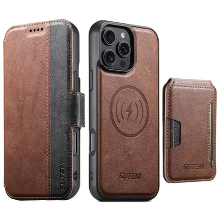 Suteni Q07S3 Left-Right Splicing Cowhide Pattern Flip Side Card Wallet Removable Magnetic Phone Case, For iPhone 14, For iPhone 14 Pro, For iPhone 14 Pro Max, For iPhone 13 Pro Max, For iPhone 13 Pro, For iPhone 13, For iPhone 12, For iPhone 12 Pro Max