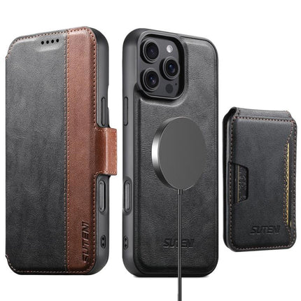 Suteni Q07S3 Left-Right Splicing Cowhide Pattern Flip Side Card Wallet Removable Magnetic Phone Case, For iPhone 12 Pro