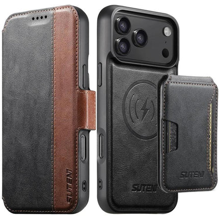 Suteni Q07S3 Left-Right Splicing Cowhide Pattern Flip Side Card Wallet Removable Magnetic Phone Case, For iPhone 18, For iPhone 18 Pro, For iPhone 18 Pro Max, For iPhone 17 Pro Max, For iPhone 17 Pro, For iPhone 17, For iPhone Air, For iPhone 16 Pro Max